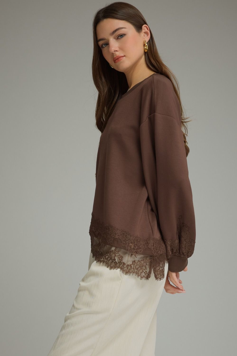 Trendy Long Sleeve Lace Trim Top
