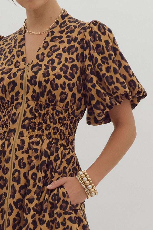 Entro Leopard Print Short Puff Sleeve V-neck Midi dress