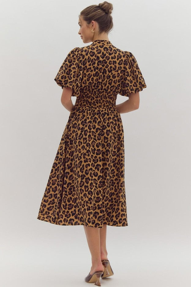 Entro Leopard Print Short Puff Sleeve V-neck Midi dress