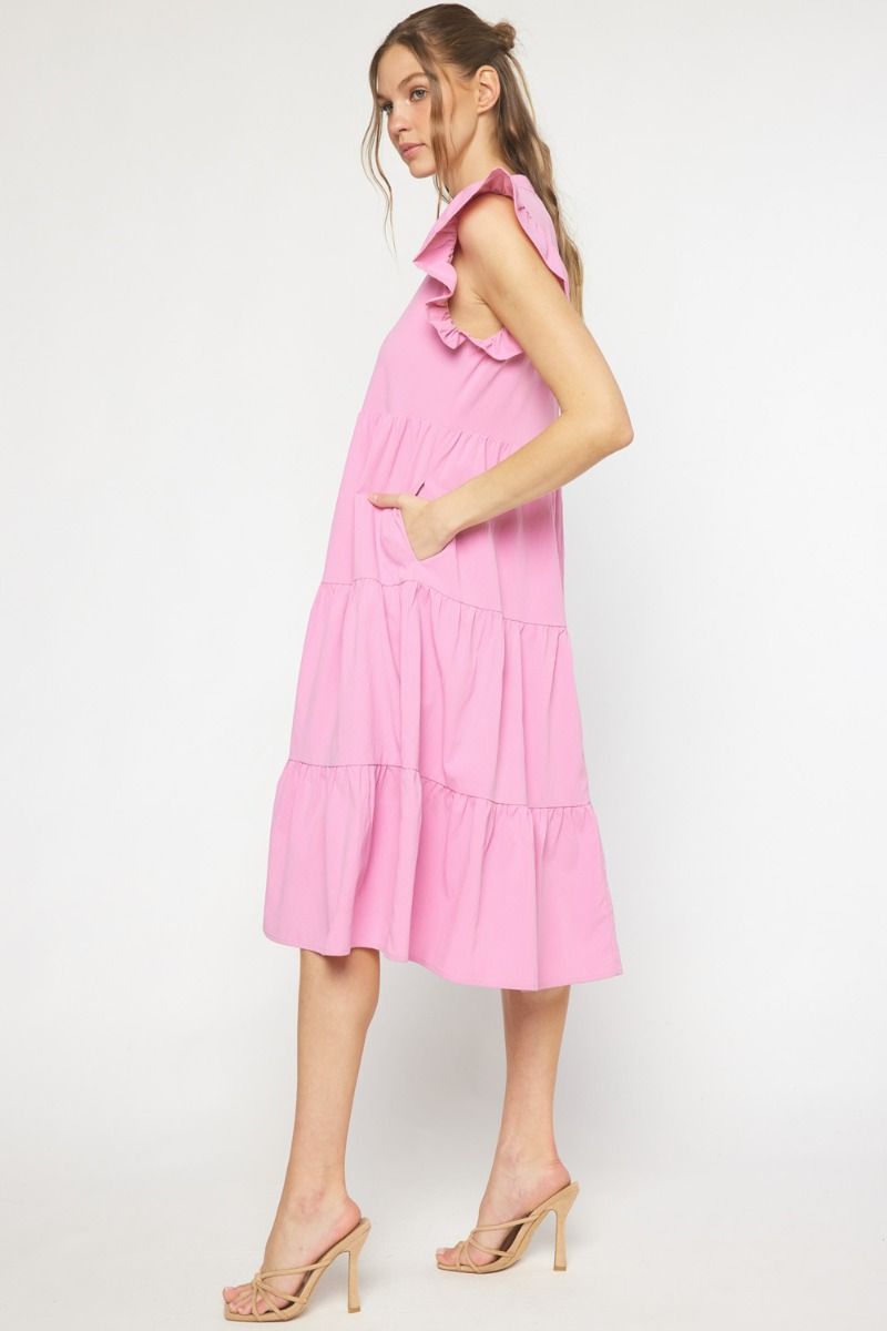 TIERED FLUTTER SLEEVE MIDI DRESS Pink / Red