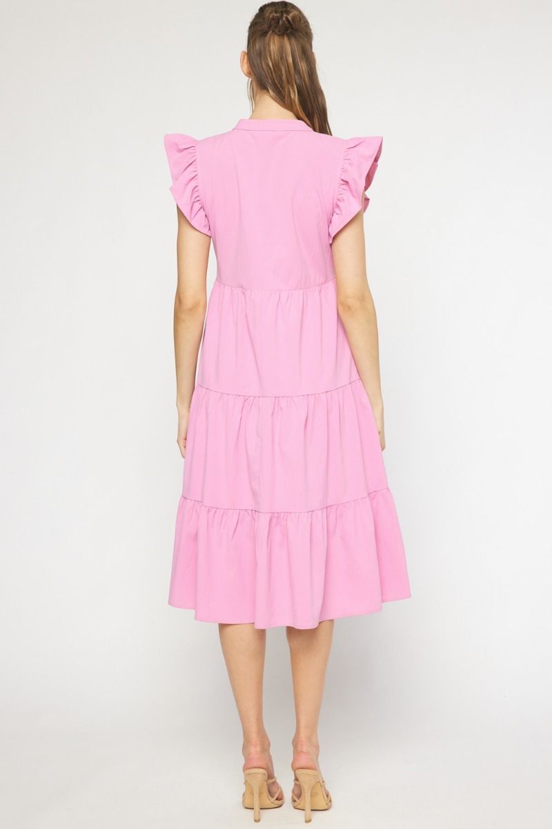 TIERED FLUTTER SLEEVE MIDI DRESS Pink / Red