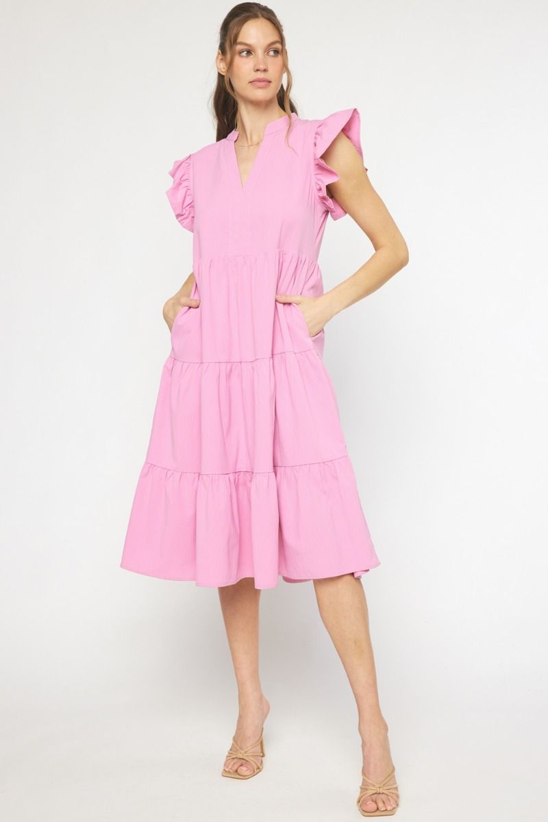 TIERED FLUTTER SLEEVE MIDI DRESS Pink / Red