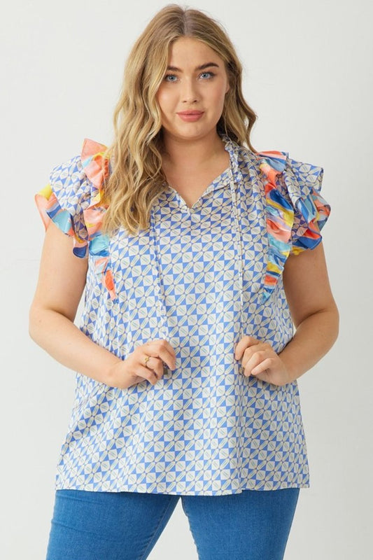 Satin print v-neck ruffle sleeve top- Plus