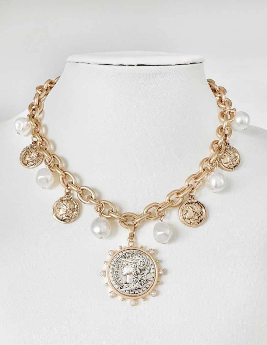 Gold Chain with Pearls and Coins Charm 16"-18" Necklace