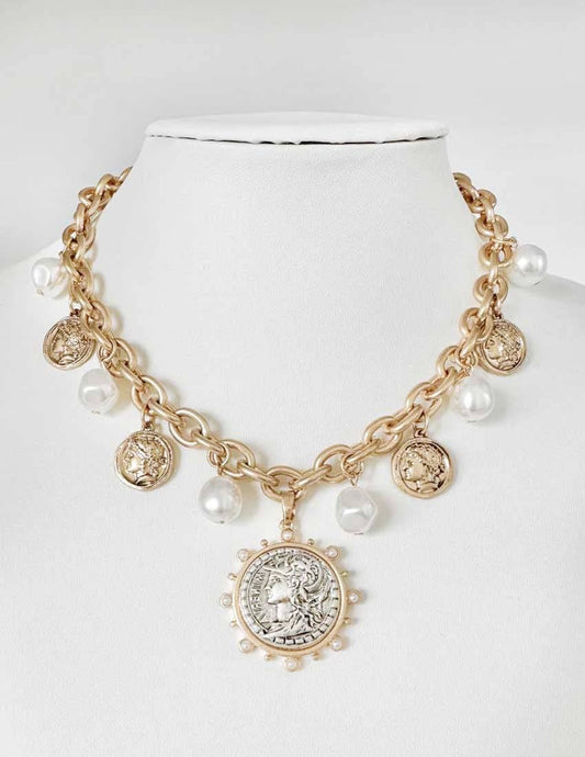 Gold Chain with Pearls and Coins Charm 16"-18" Necklace