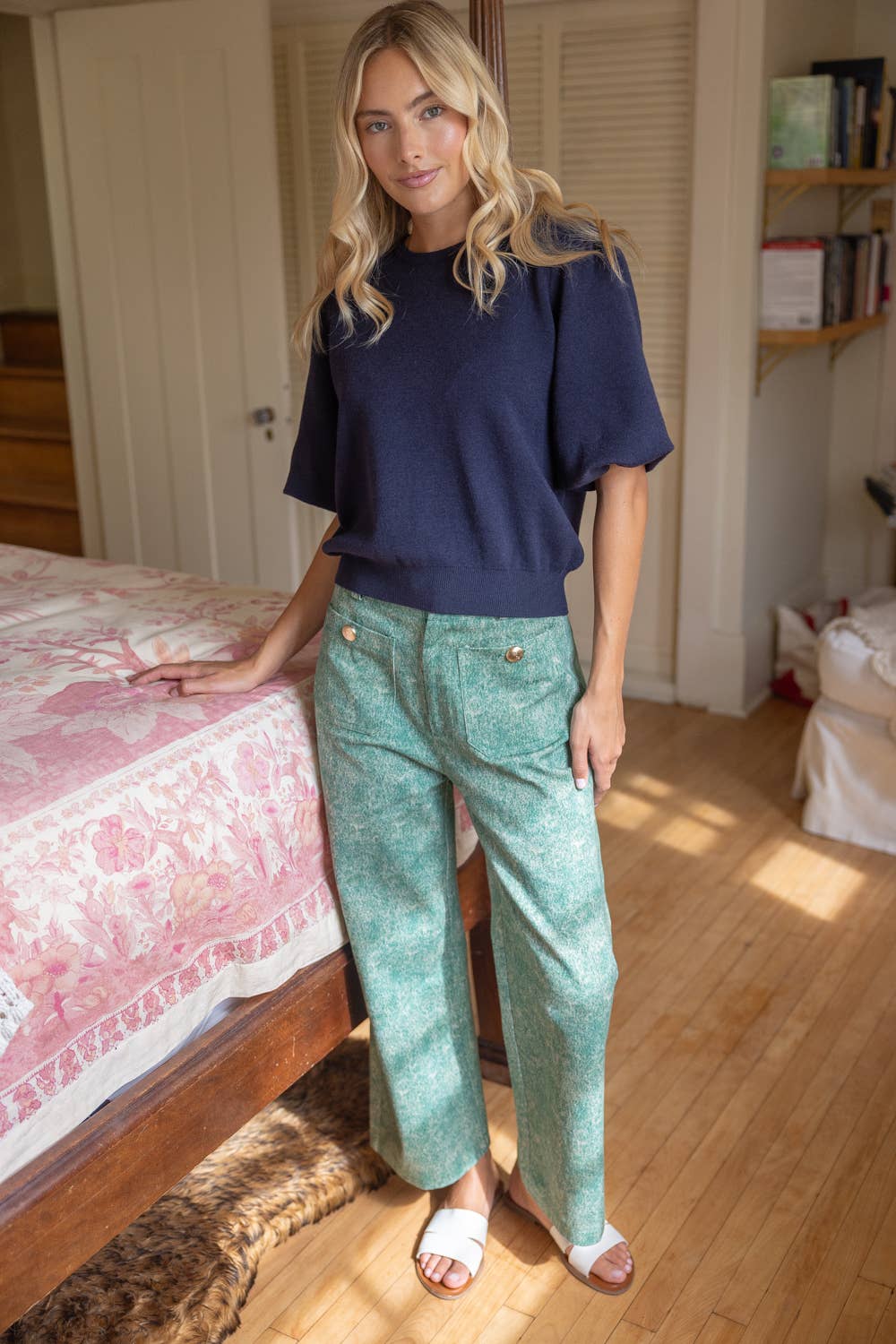 VOY - 36857 Gold Button Double Pocket Straight Leg Pants