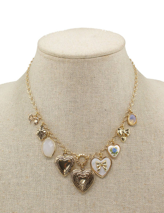 What's Hot - Gold Hearts with Stones Charm 16"-18" Necklace