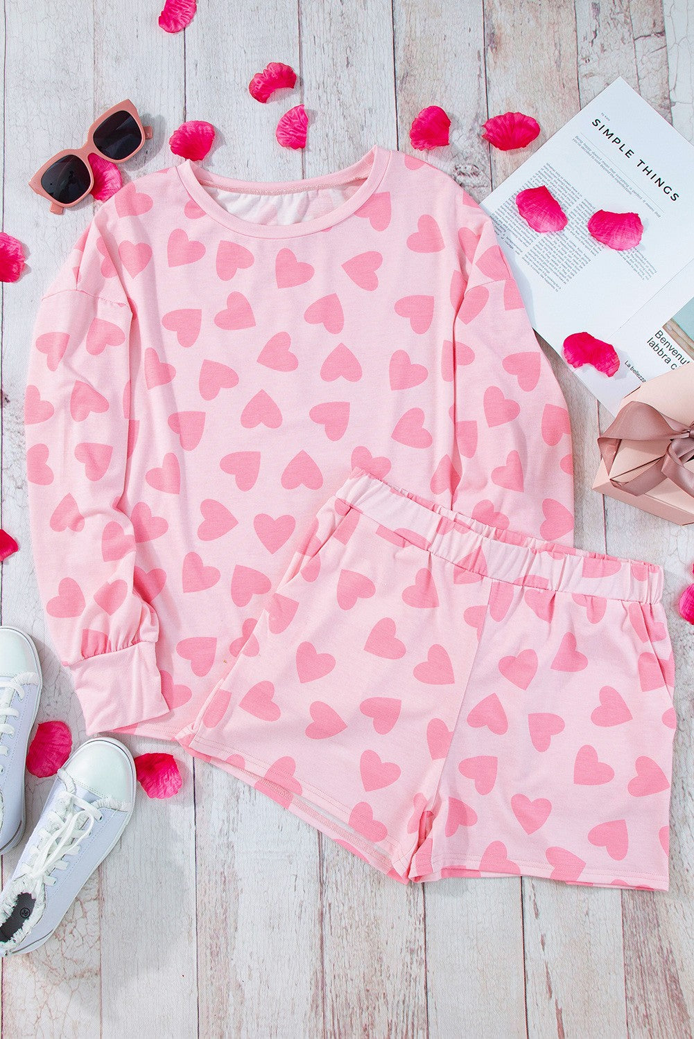 Pink Heart Shape Long Sleeve Top Shorts Lounge Set