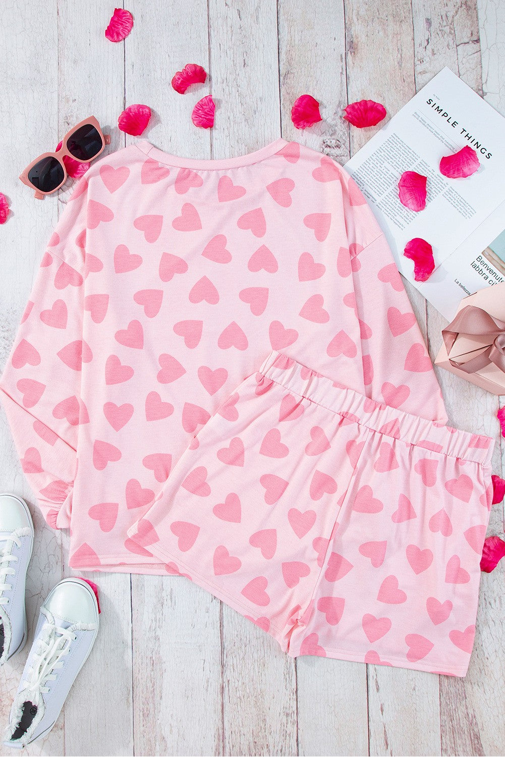 Pink Heart Shape Long Sleeve Top Shorts Lounge Set