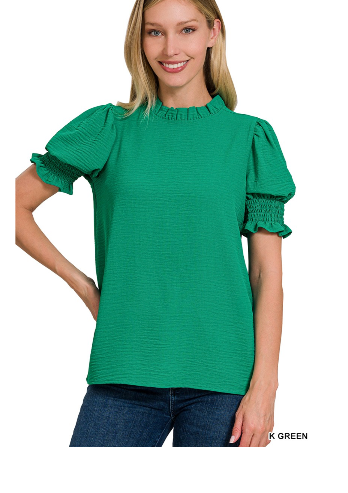 Woven Airflow Mock Neck Smocked Puff Sleeve Top