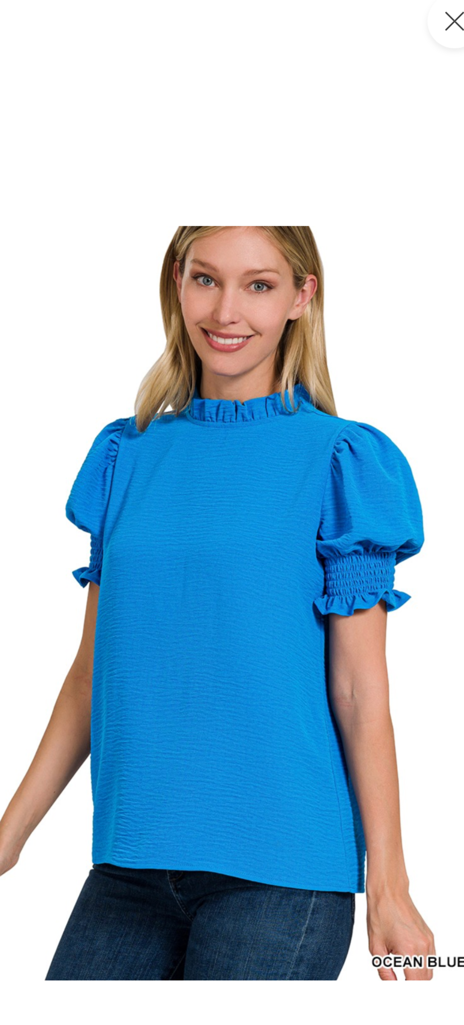 Woven Airflow Mock Neck Smocked Puff Sleeve Top