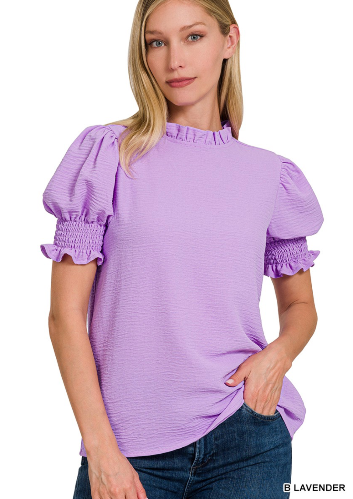 Woven Airflow Mock Neck Smocked Puff Sleeve Top