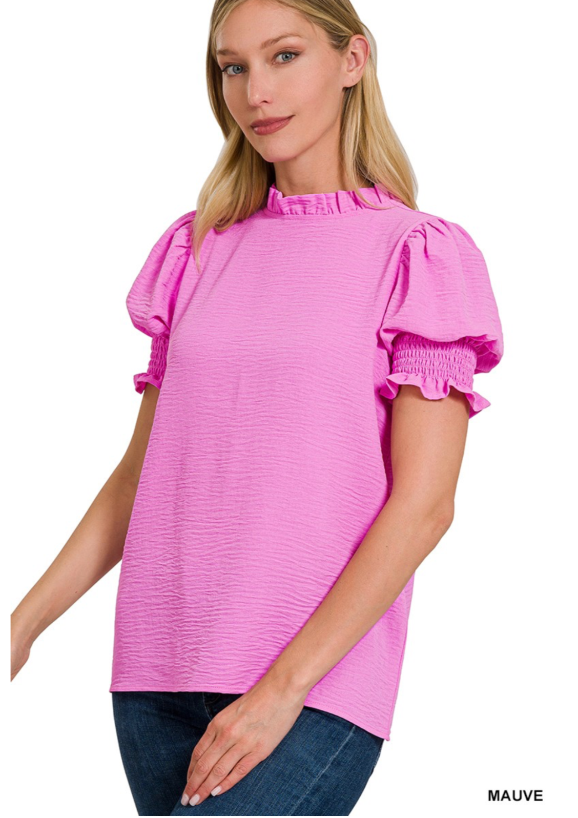 Woven Airflow Mock Neck Smocked Puff Sleeve Top