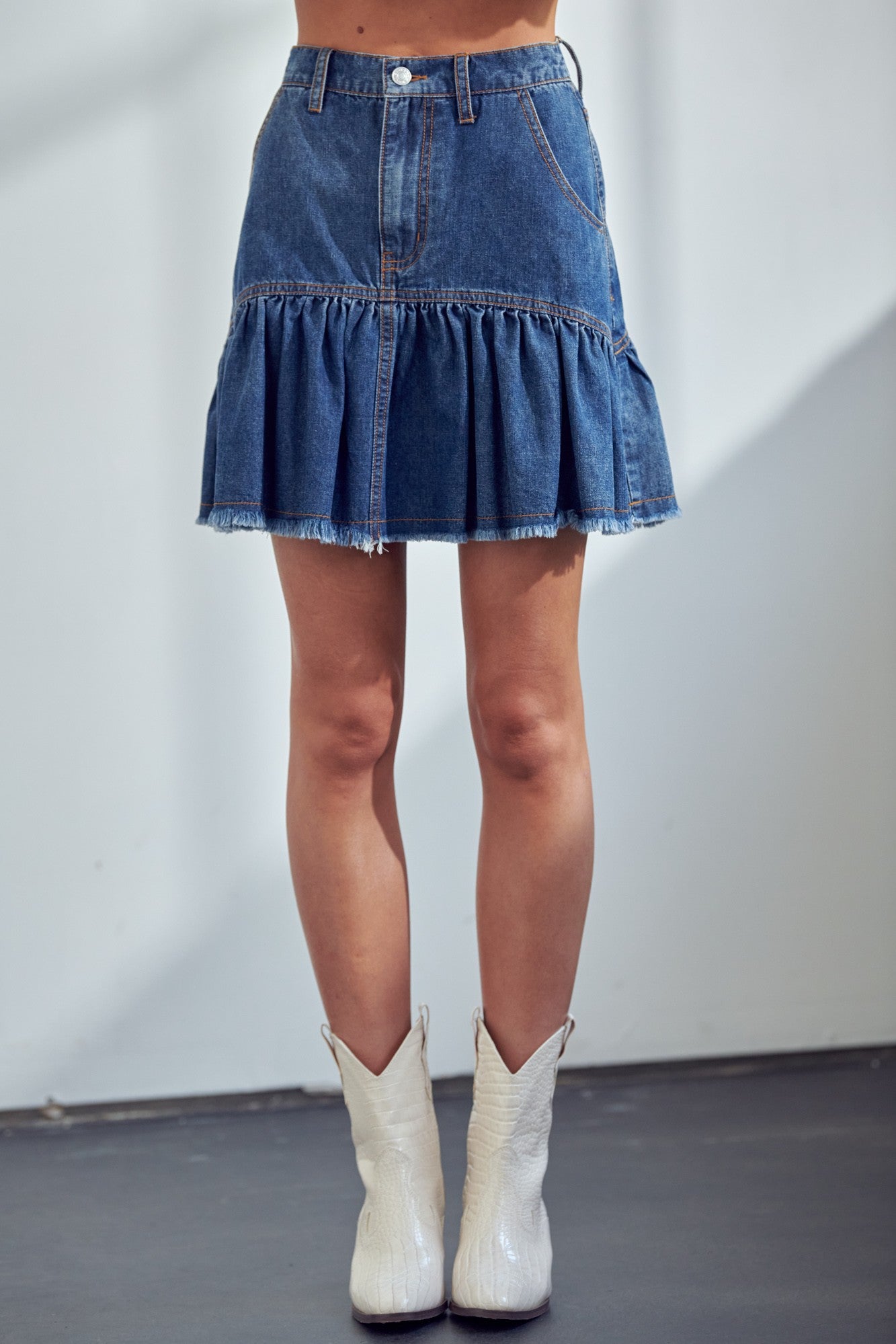 PLEATS DETAILED DENIM MINI SKIRT