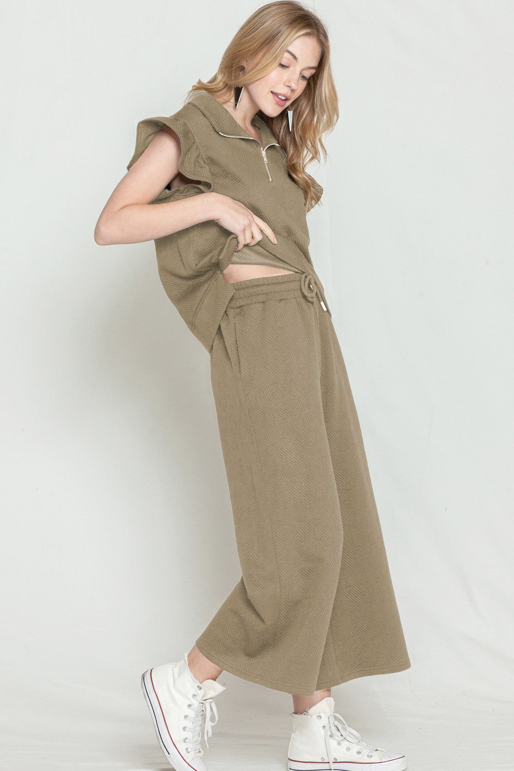 Ruffled Cap Sleeve Top Wide Leg Pants Set