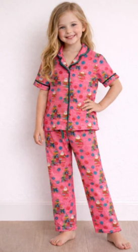 Kids PJ Set, Pink Santa Print