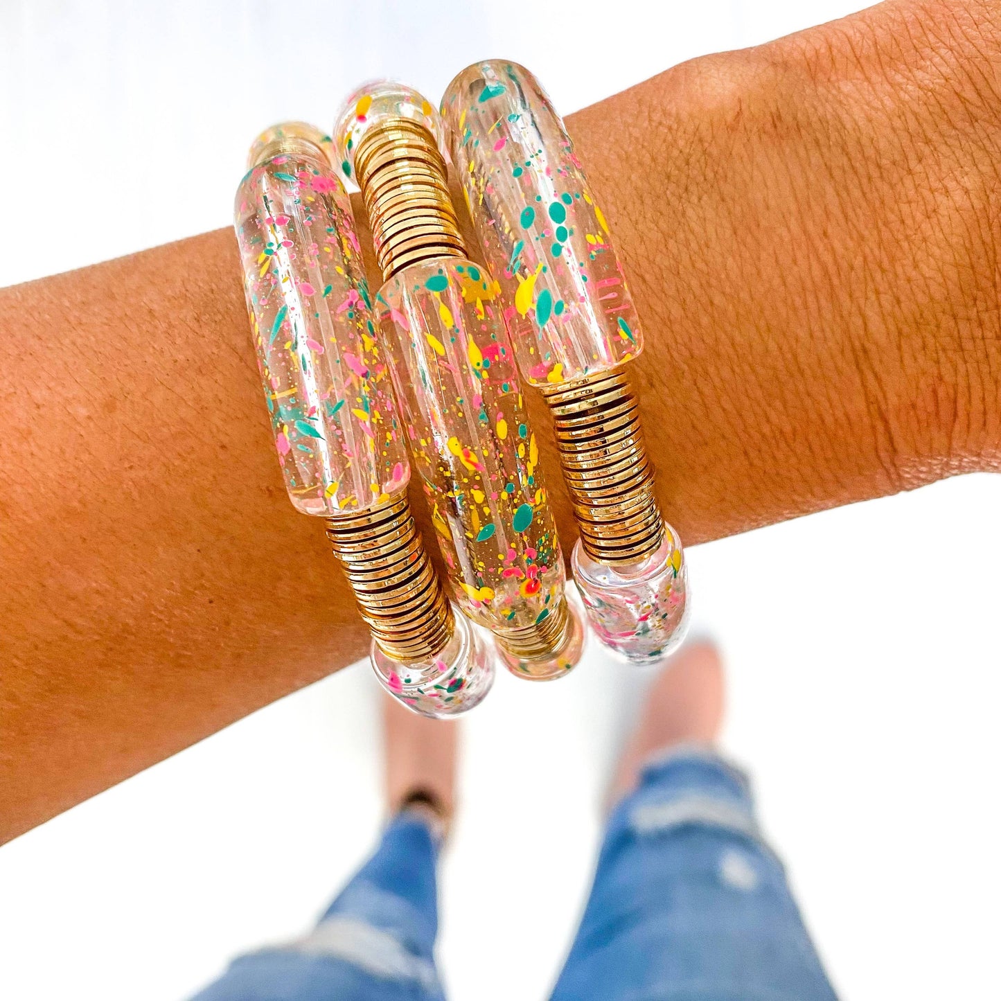 Clear Confetti Speckle Acrylic Tube Bamboo Bracelet