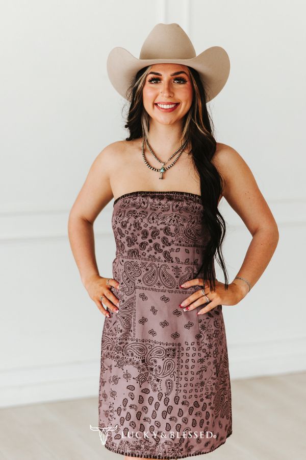 Mauve Paisley Printed Buck-stitch Hem Strapless Dress