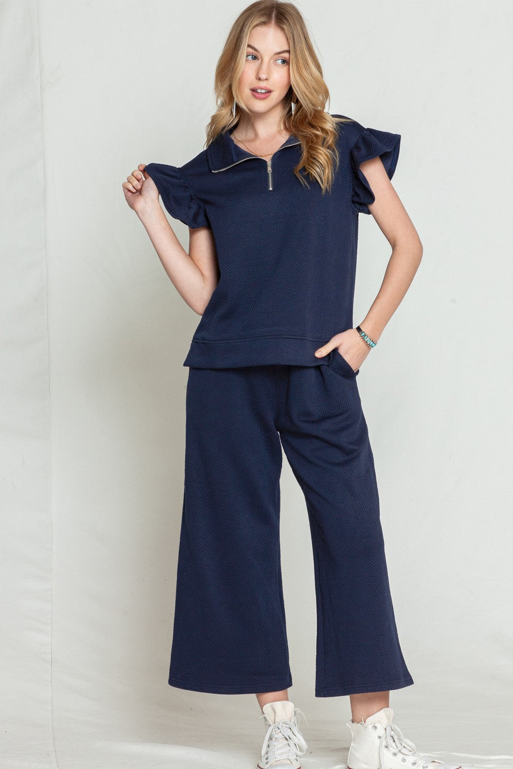 Ruffled Cap Sleeve Top Wide Leg Pants Set