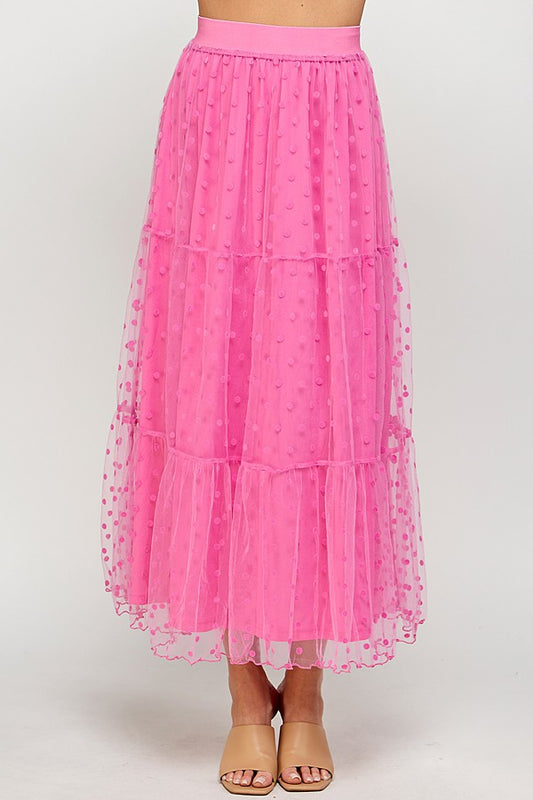 Mesh Dot Maxi Skirt-Pink