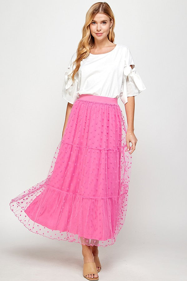 Mesh Dot Maxi Skirt-Pink