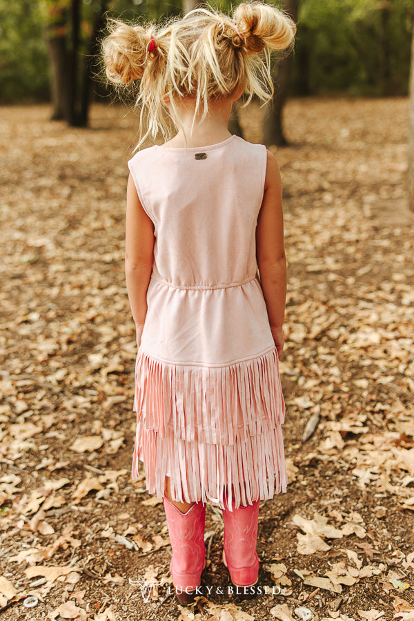 Girls Soft Pink Suede Tiered Fringe Sleeveless Dress