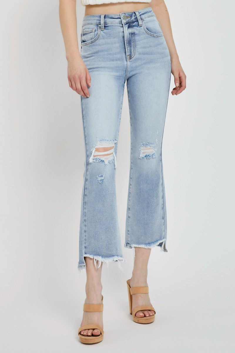 PLUS SIZE HIGH RISE CROP FLARE RISEN JEANS-Light wash