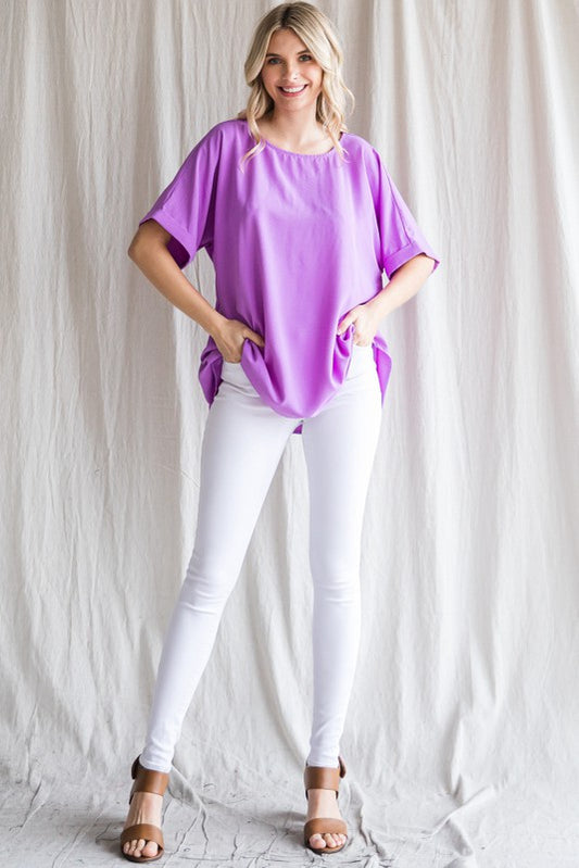 Solid Cuffed Short Sleeves Top