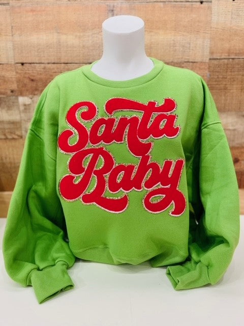 Santa Baby Chenille Patch Sweatshirt- apple green/red patch