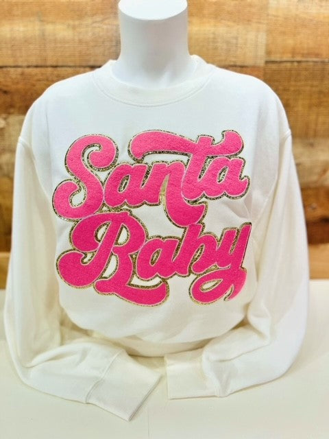 Santa Baby Pink Chenille Patch White Sweatshirt