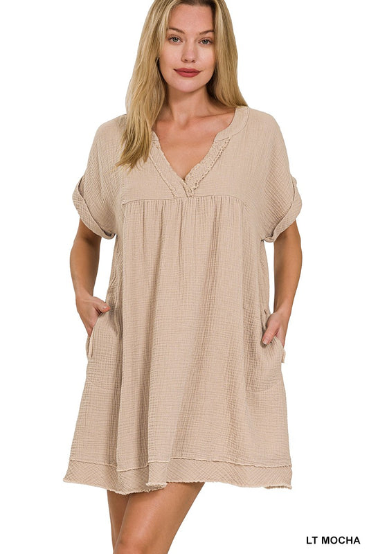 Double Gauze Raw Edge V-neck Dress