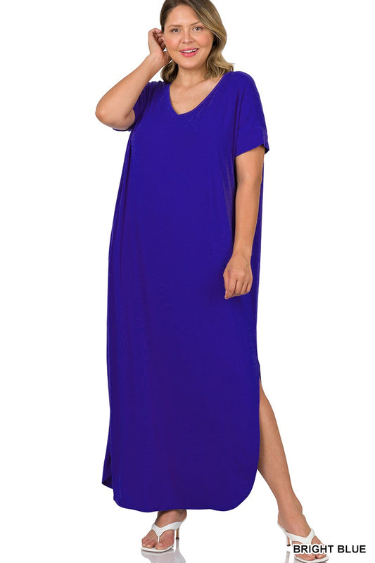 PLUS V-NECK SHORT SLEEVE MAXI DRESS