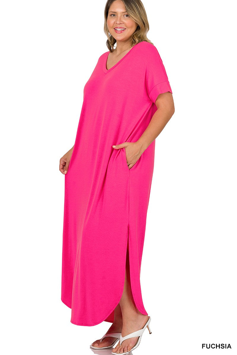 PLUS V-NECK SHORT SLEEVE MAXI DRESS