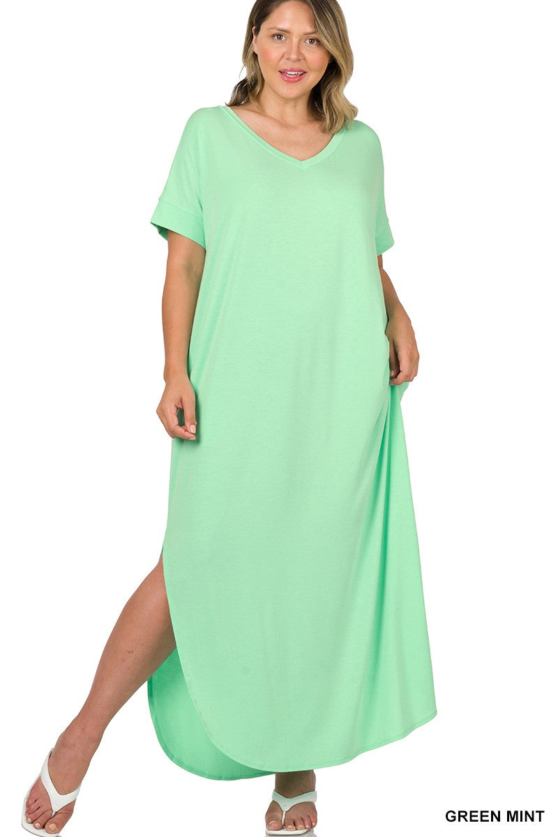 PLUS V-NECK SHORT SLEEVE MAXI DRESS