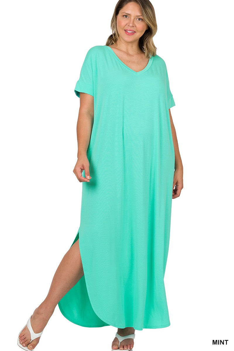 PLUS V-NECK SHORT SLEEVE MAXI DRESS