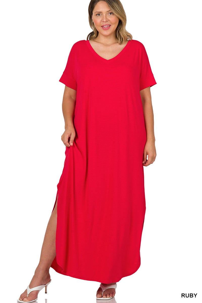 PLUS V-NECK SHORT SLEEVE MAXI DRESS