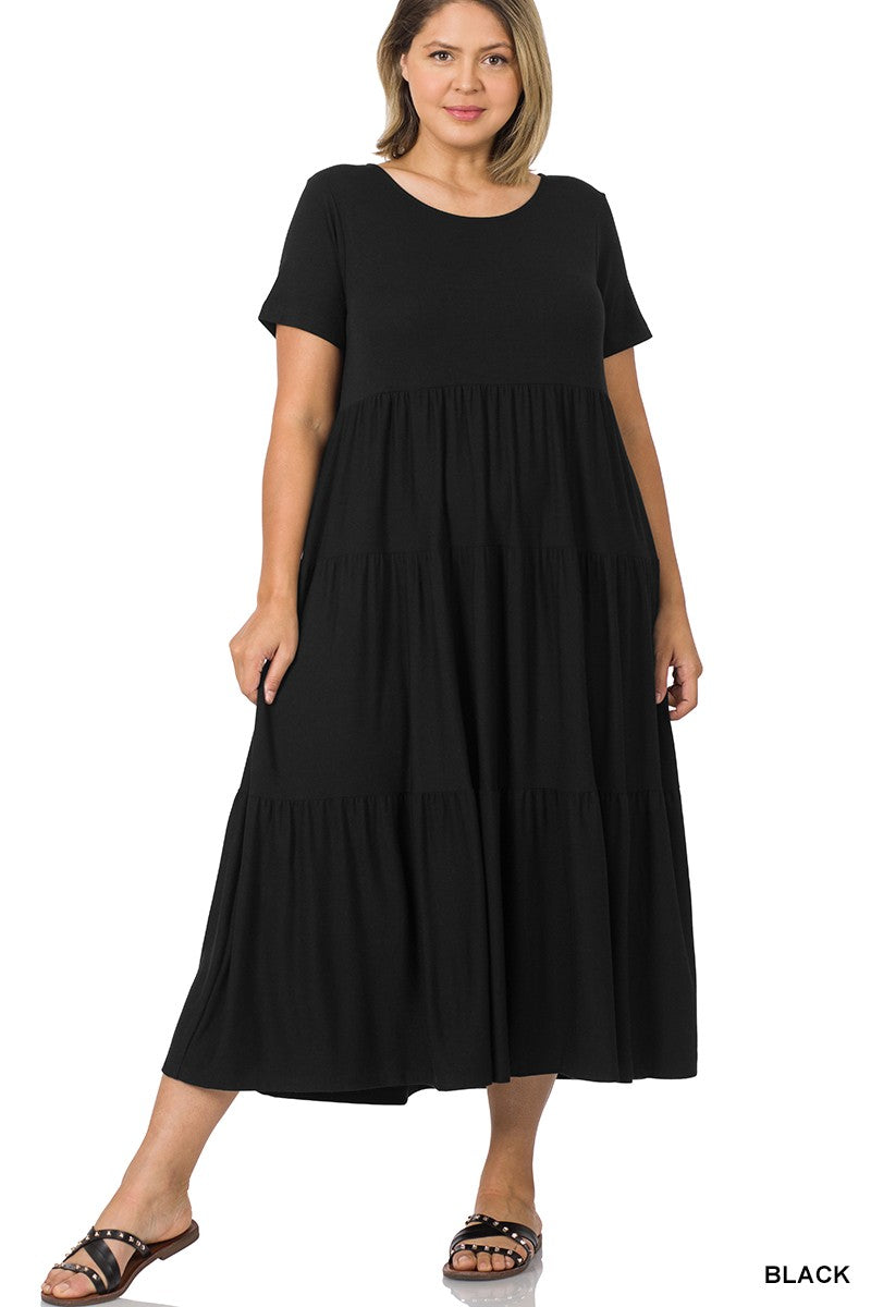 PLUS SHORT SLEEVE TIERED MIDI DRESS