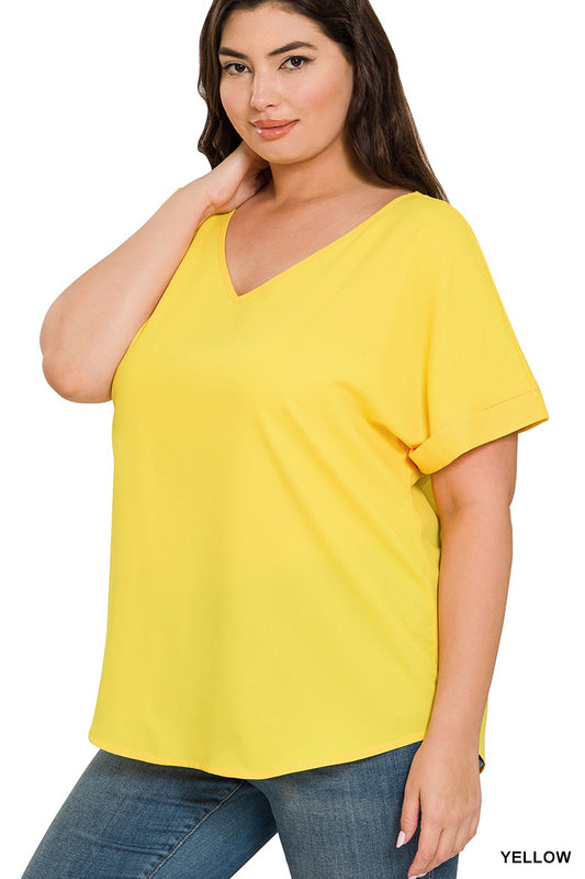 PLUS WOVEN HEAVY DOBBY ROLLED SLEEVE V-NECK TOP