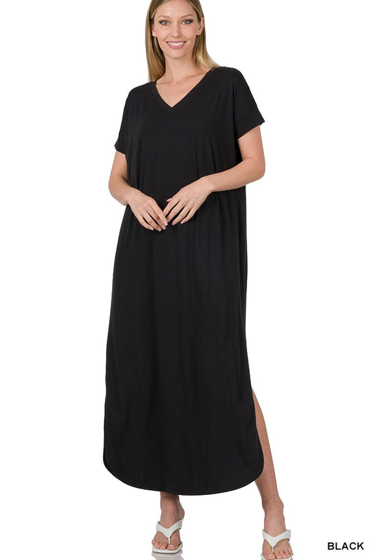 V-NECK SHORT SLEEVE MAXI DRESS