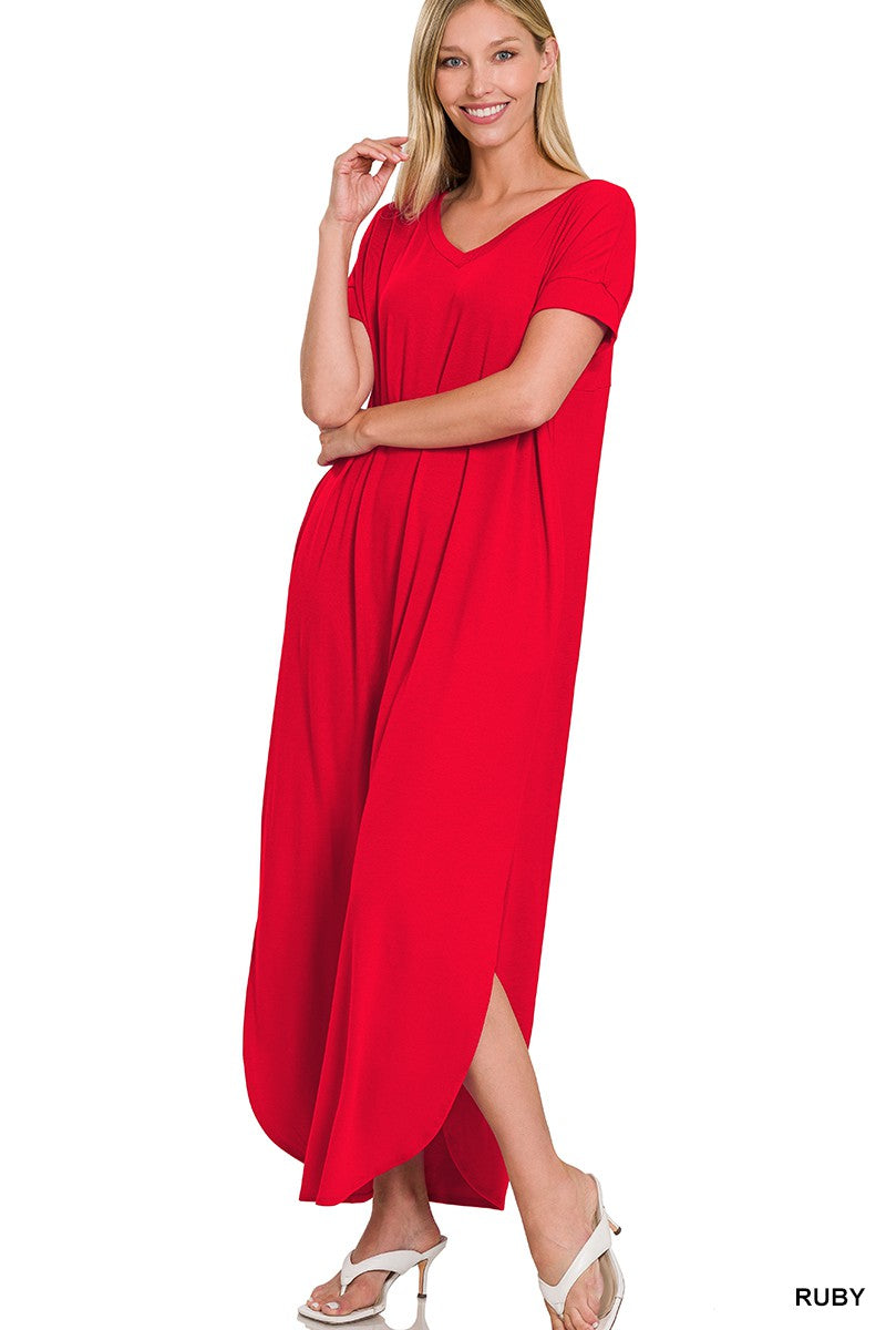 V-NECK SHORT SLEEVE MAXI DRESS