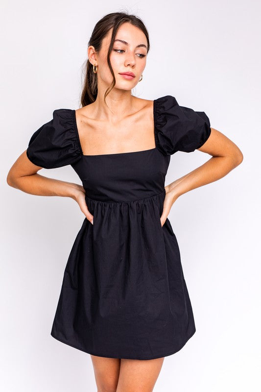 SHORT SLEEVE BACK TIE DETAIL BABYDOLL DRESS-Drop Ship