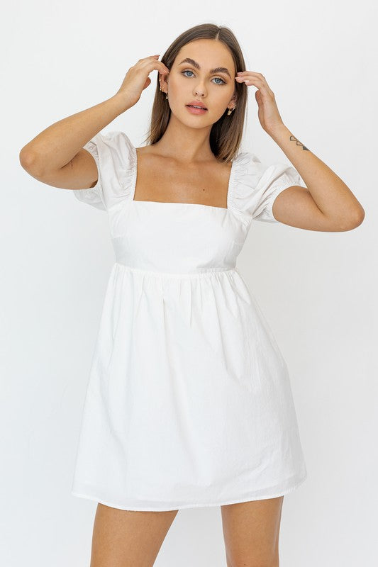 SHORT SLEEVE BACK TIE DETAIL BABYDOLL DRESS-Drop Ship