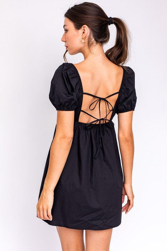 SHORT SLEEVE BACK TIE DETAIL BABYDOLL DRESS-Drop Ship