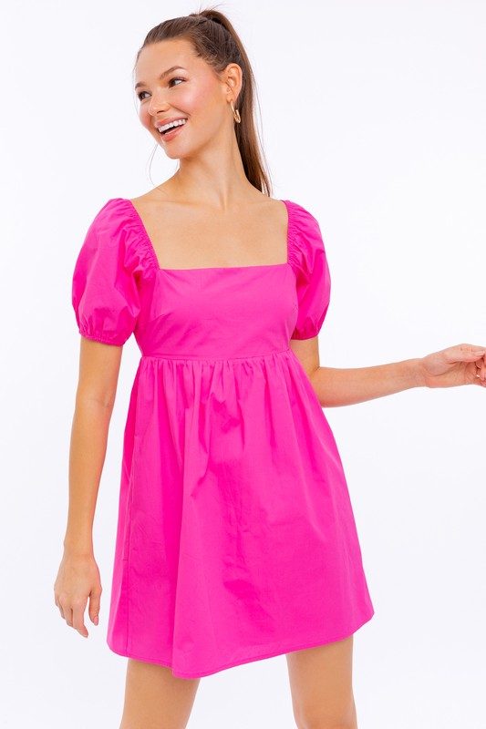 SHORT SLEEVE BACK TIE DETAIL BABYDOLL DRESS-Drop Ship