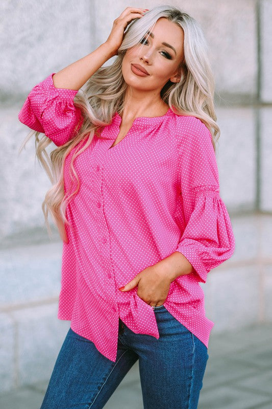 Pink Boho Dotted Print Shirt with Buttons