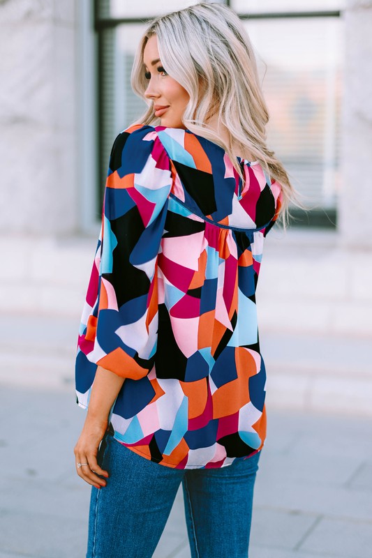 Color Block Crewneck Ruffled Puff Sleeve Blouse