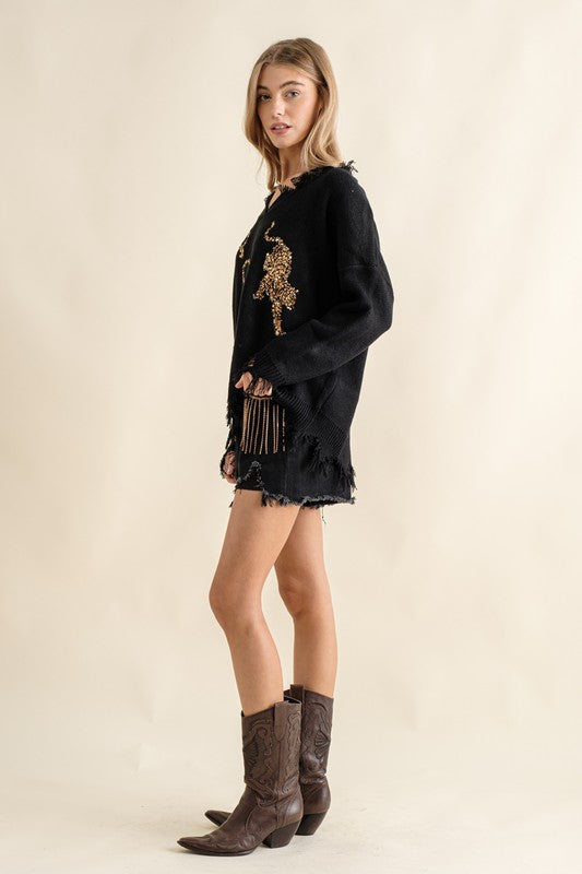 Frayed Edge Sequin Tiger Sweater