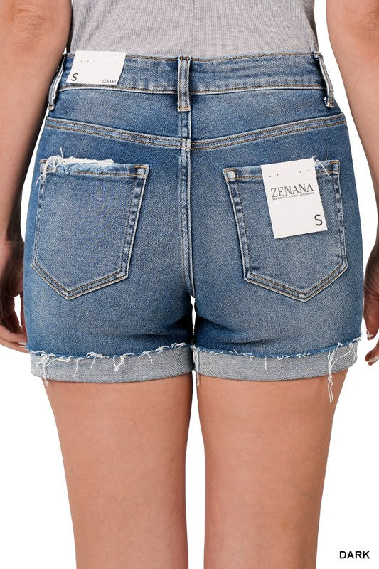 DISTRESSED CUFFED RAW HEM DENIM SHORTS