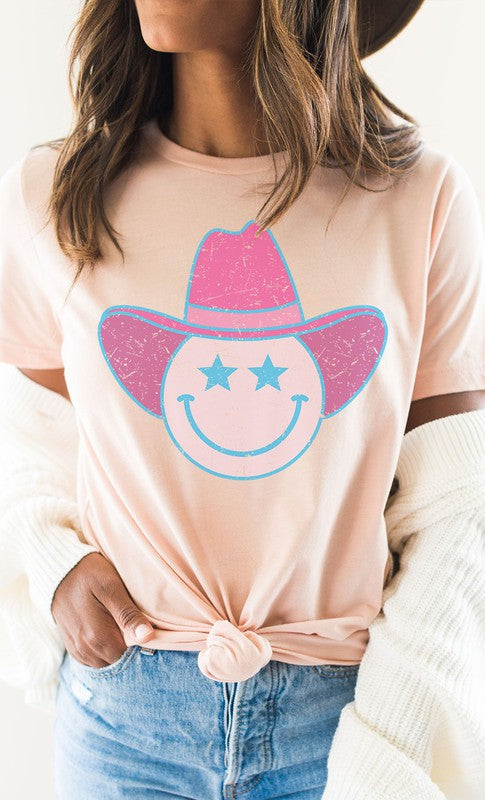 Star Cowboy Smiley Distressed Graphic Tee-Drop Ship