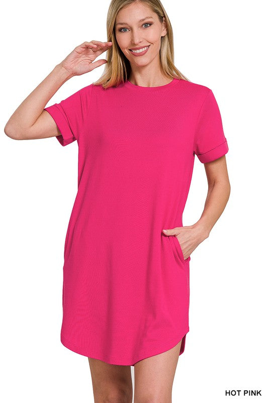 ROLLED SHORT SLEEVE ROUND NECK DRESS